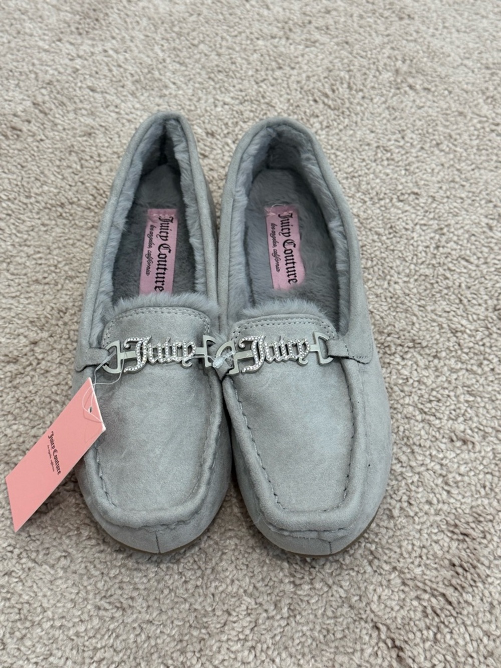 Nwt Juicy CotureGray Faux-Suede Cozy Moccasin Slippers with Chain Accent